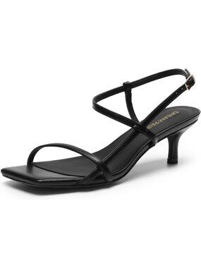 Women's Low Kitten Heels Square Open Toe Black Ankle Strap Party Sandals Shoes